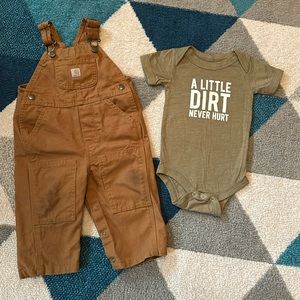 12m baby Carhartt coveralls and DIRT t-shirt